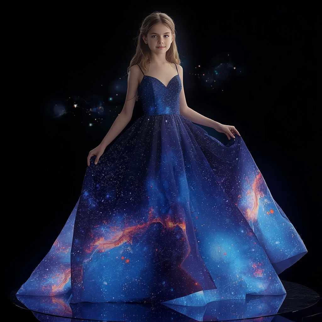 Beautiful Girl in a Starry Night Gown, Celestial Elegance | new prompt photo — AI image prompt