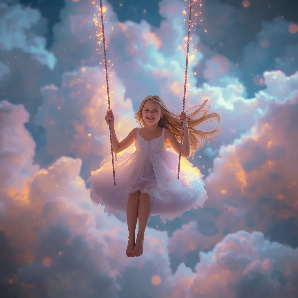 Beautiful Girl in Cosmic Cloud Swing, Dreamy Celestial Playground | prompt for girls college instagram — AI image prompt