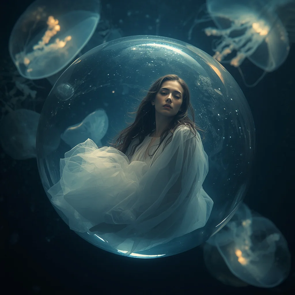 Beautiful Girl in Glass Orb with Glowing Jellyfish, Deep Sea Dream | prompt for women pdf — AI image prompt