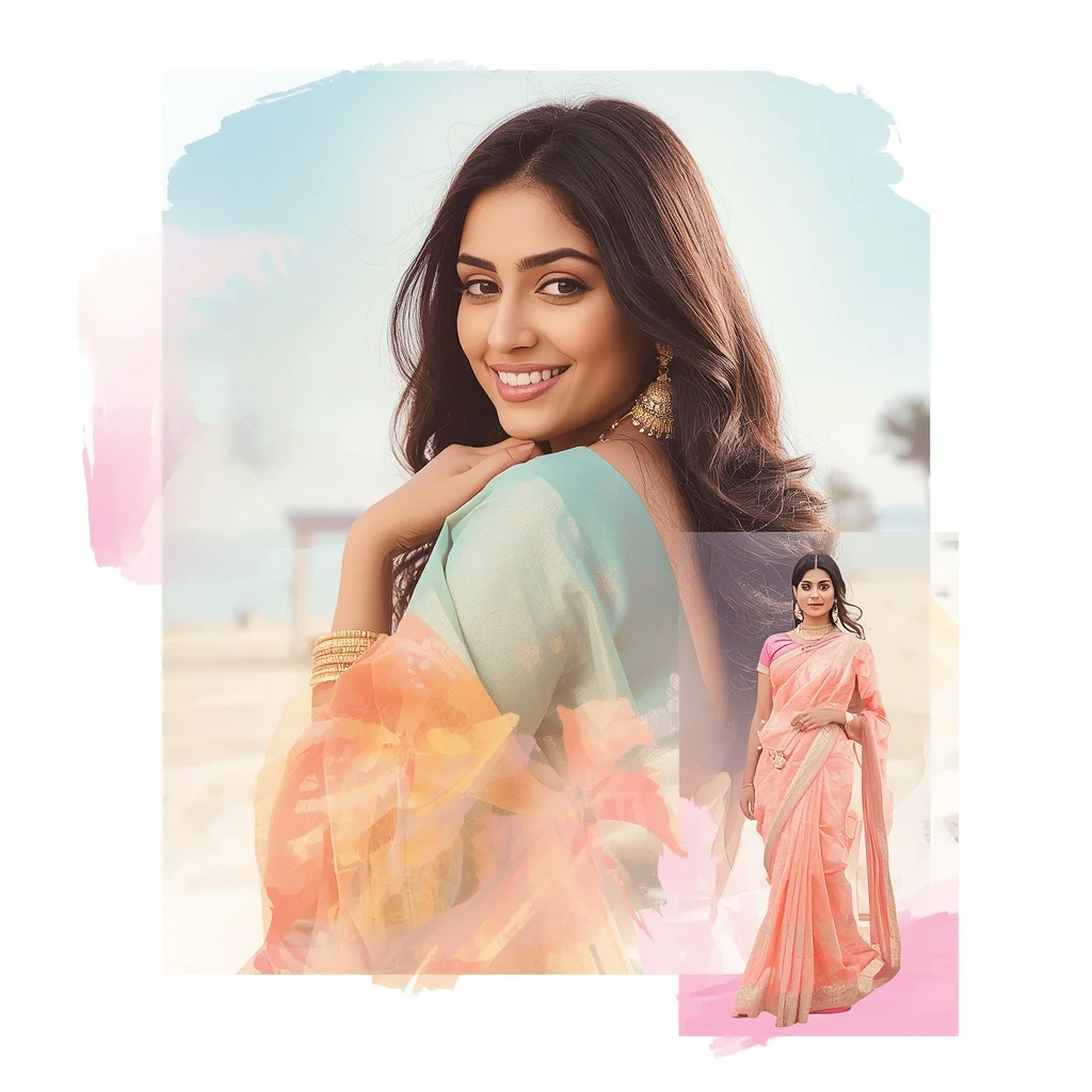 Creative Collage: Indian Woman Framed by Watercolor Brush Strokes | saree instagram ai prompt — AI image prompt