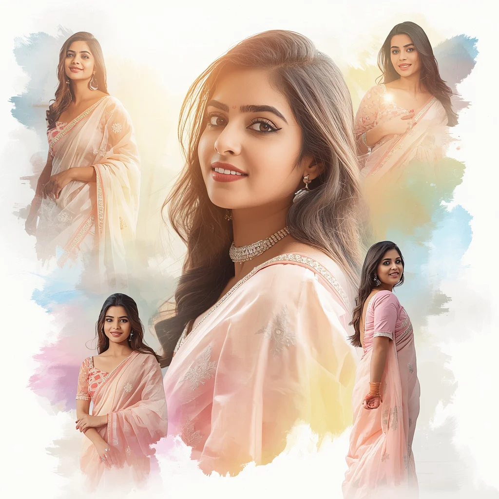 Creative Collage: Watercolor Brush Strokes with Festive Saree | cute prompt for girls in saree for instagram — AI image prompt