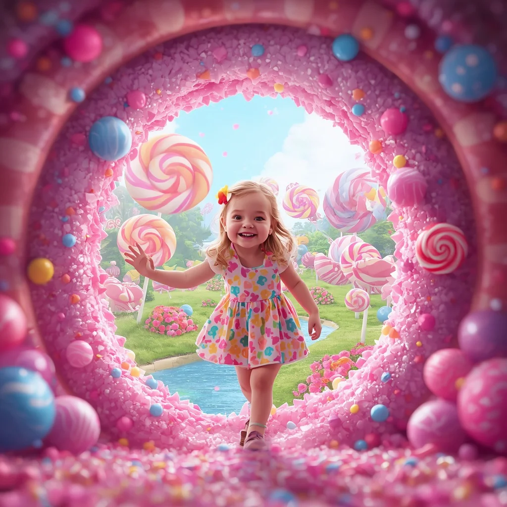 Cute Girl with a Whimsical Portal to a Candy Kingdom | beautiful girl prompt generator — AI image prompt
