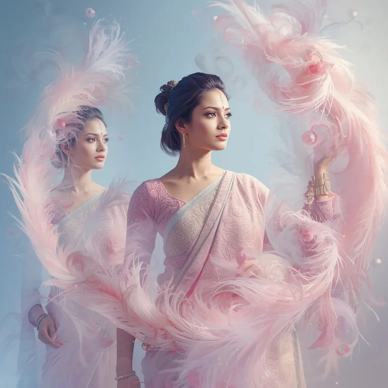 Dreamy Collage: Indian Woman in Saree with Feather Spirals Aura | traditional prompt for gemini ai girl copy and paste — AI image prompt