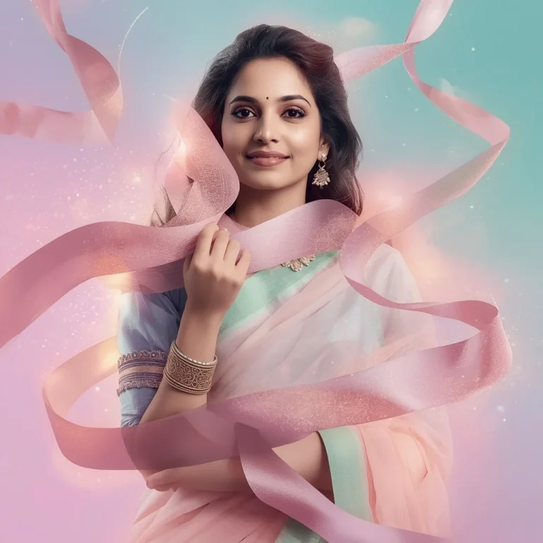 Dreamy Collage: Indian Woman with Flowing Glowing Dust Ribbons | prompt for gemini ai girl — AI image prompt