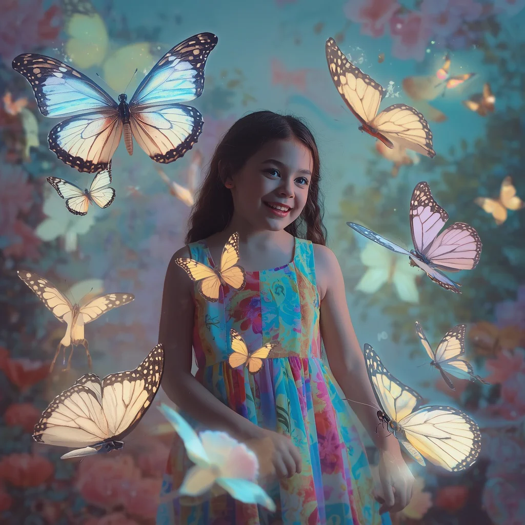Girl Floating Luminous Butterflies Whimsical Garden Cinematic | Trending blue prompt — AI image prompt