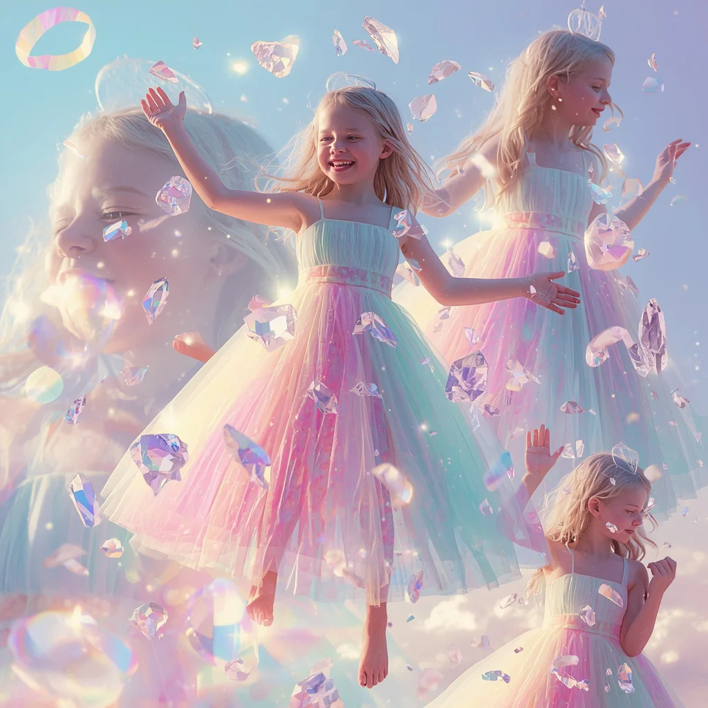 Girl Floating Rainbow Crystal Fragments Whimsical Dream Cinematic | traditional prompt pdf — AI image prompt