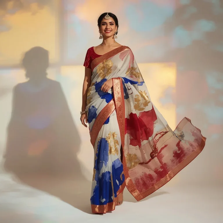 Golden Leaf Bridal Saree with Crimson Brushstrokes | chat gpt prompt for image editing — AI image prompt