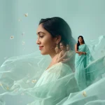 Indian Woman's Self-Discovery Timeline in Flowing Aqua Saree | prompt for saree in english