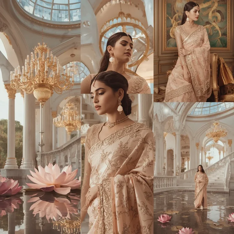 Magnificent Couture Collage: Indian Woman in an Imperial Crystal Lotus Palace | retro style prompt for gemini girl in saree in hindi — AI image prompt
