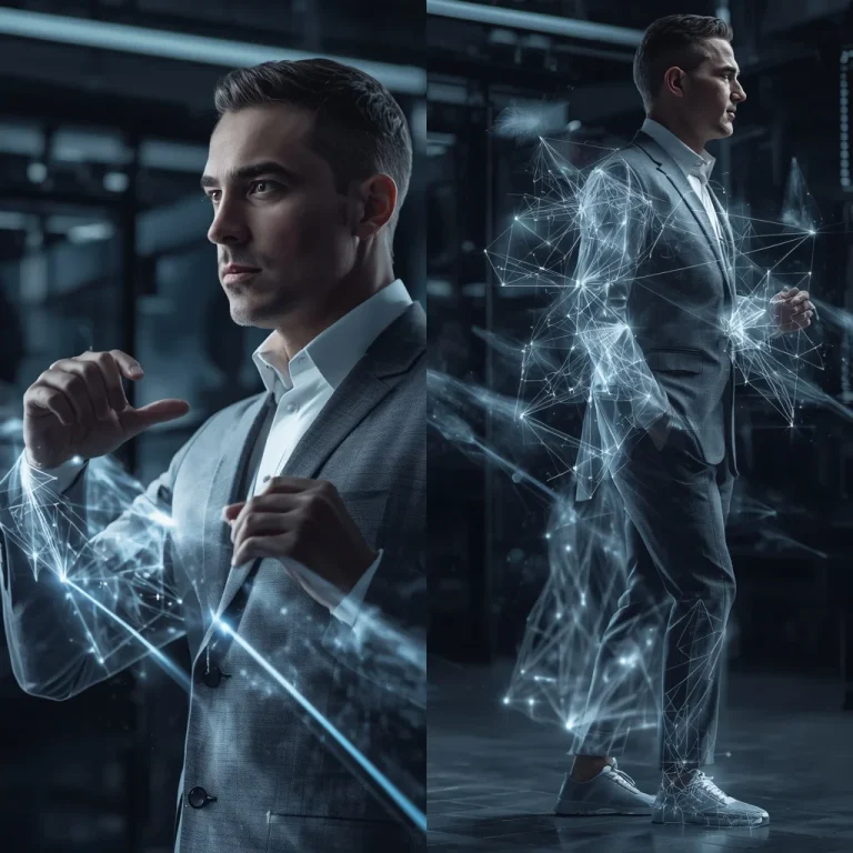 Man in Hyper-Realistic Holographic Projections and Particle Flow Art | Best men photo prompt chatgpt — AI image prompt