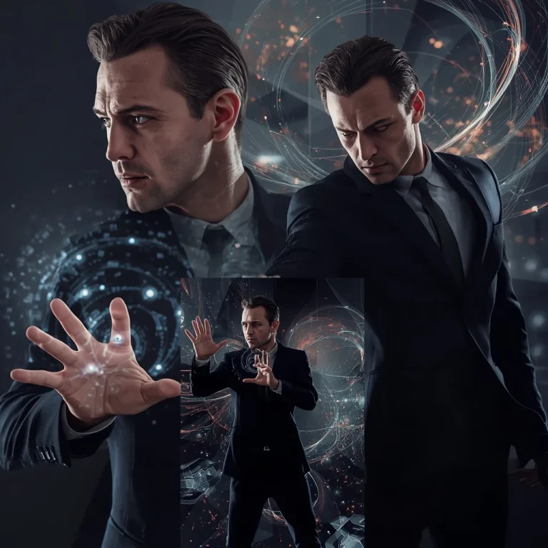 Men in Sci-Fi Attire: Quantum Data Stream Interplay Dynamic | Realistic men photo Prompt — AI image prompt