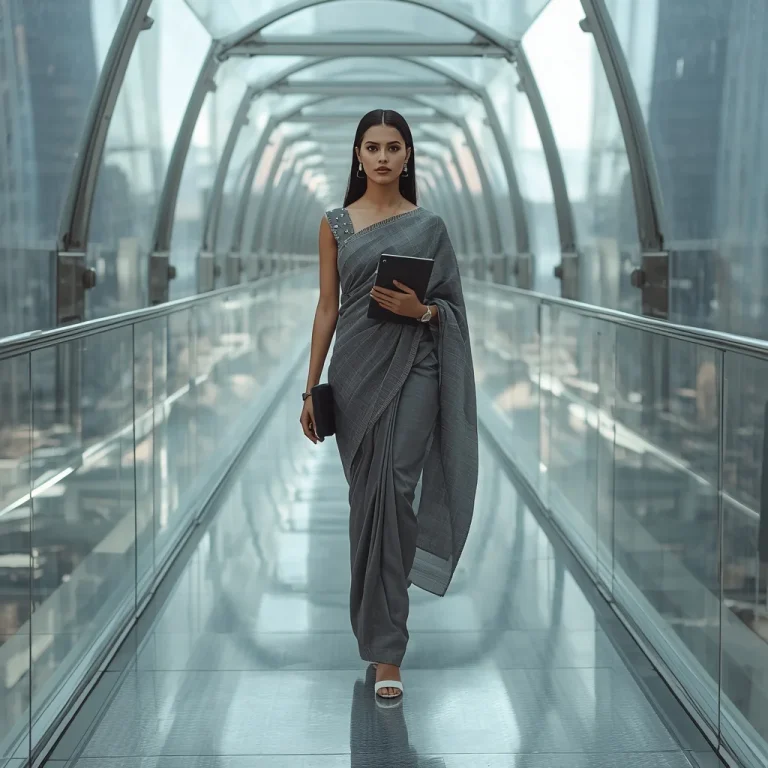 Office Corporate Indian Wear in a Transparent Skywalk Nexus | trending peacock saree prompt — AI image prompt