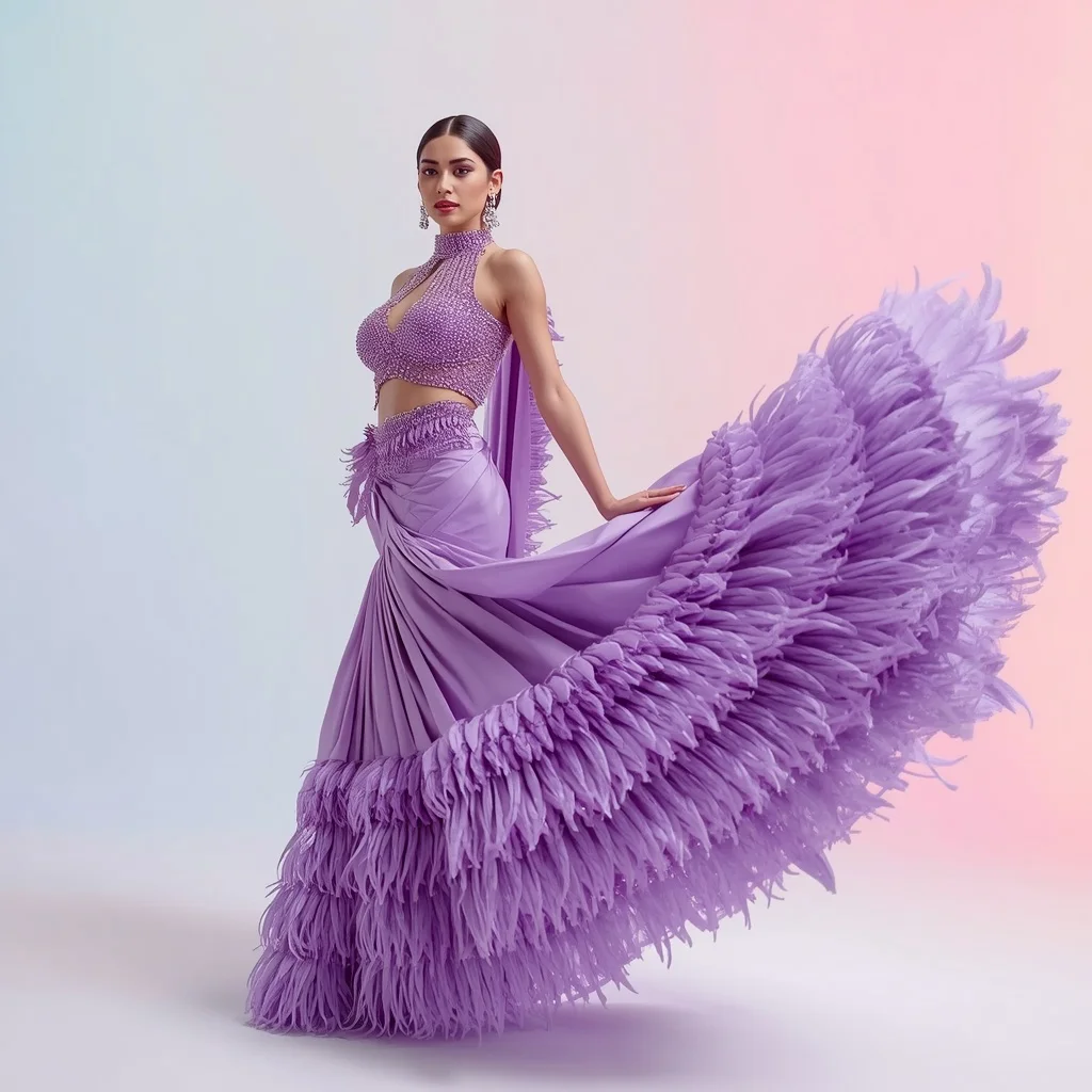 Photorealistic Fashion Portrait: Futuristic Violet Silk Saree | instagram prompt for traditional look for girl in english — AI image prompt