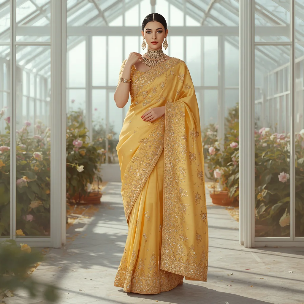 Photorealistic Image: Yellow Designer Saree in Glasshouse | prompt for gemini girl in saree instagram in english — AI image prompt