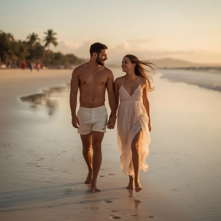 Romantic Beach Stroll of a Couple at Golden Hour | realistic couple ai prompt — AI image prompt