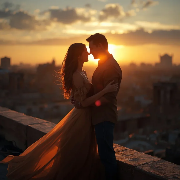 Romantic Couple Ancient City Rooftop Sunset Golden Hour | Prompt seen family AI Photo — AI image prompt