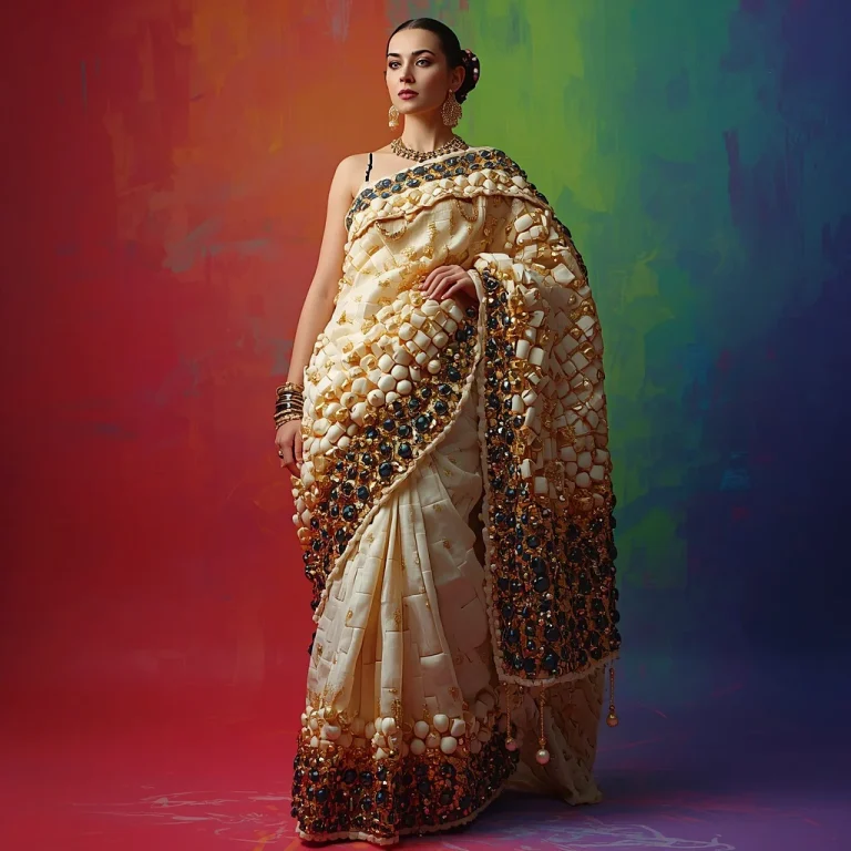 Sculpted Ceramic Mosaic Saree with Heavy Gold Leaf | retro style prompt for gemini girl in saree instagram — AI image prompt