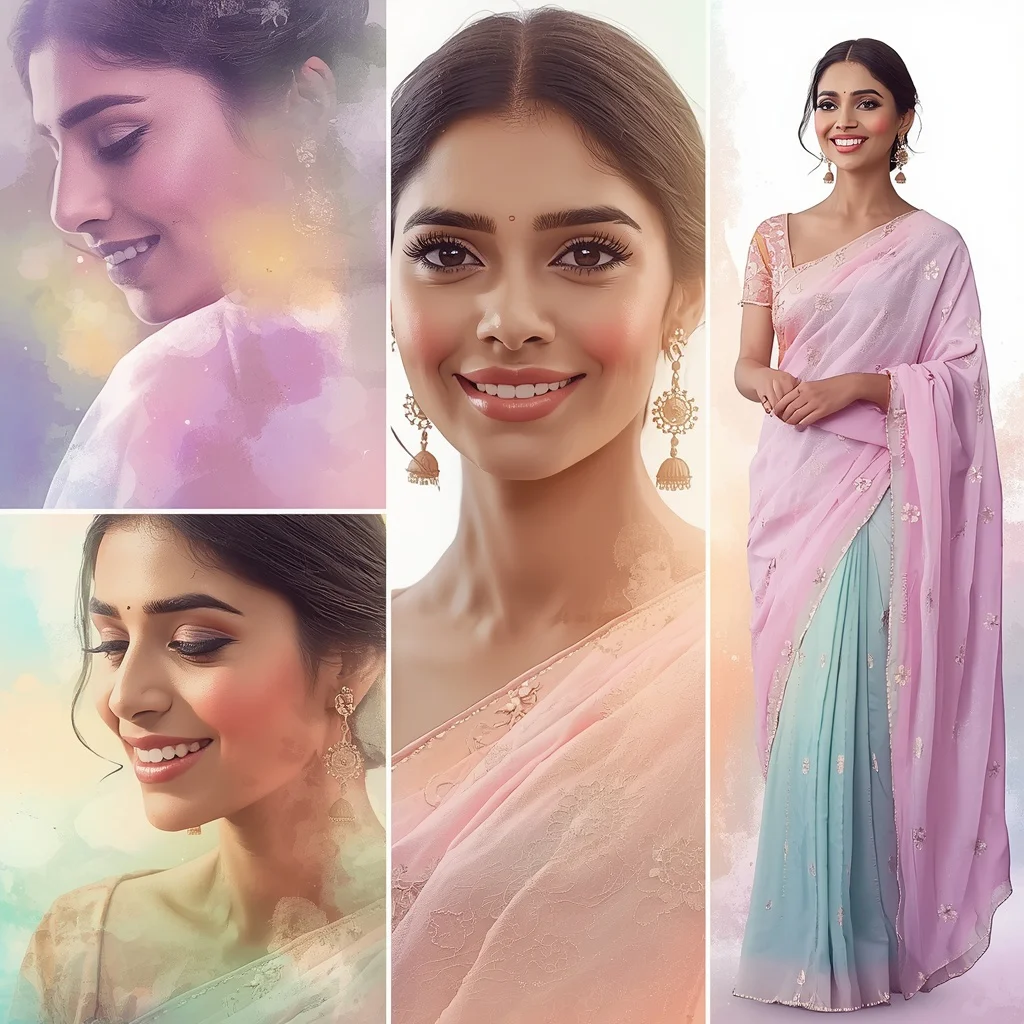 Watercolor Wash Saree Collage with Artistic Blending Effects | prompt for gemini girl in saree instagram in english — AI image prompt