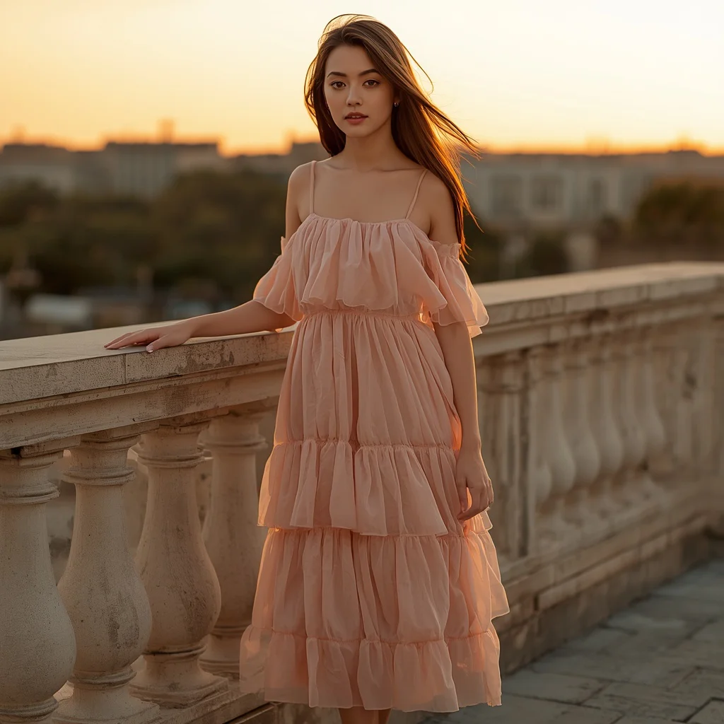 A Beautiful Peach Chiffon Dress Golden Hour Balcony Portrait — AI image prompt