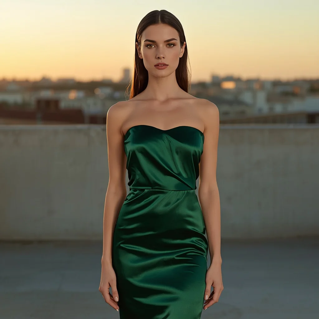 A Sleek Emerald Green Satin Dress Golden Hour Portrait — AI image prompt