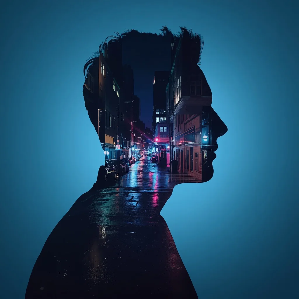 Abstract Double Exposure of a Man's Urban Reflection — AI image prompt