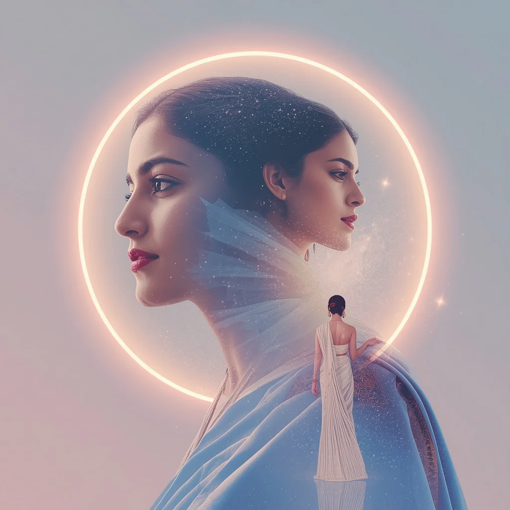 Celestial Halo: An Indian Woman's Life Embraced by Cosmic Light — AI image prompt