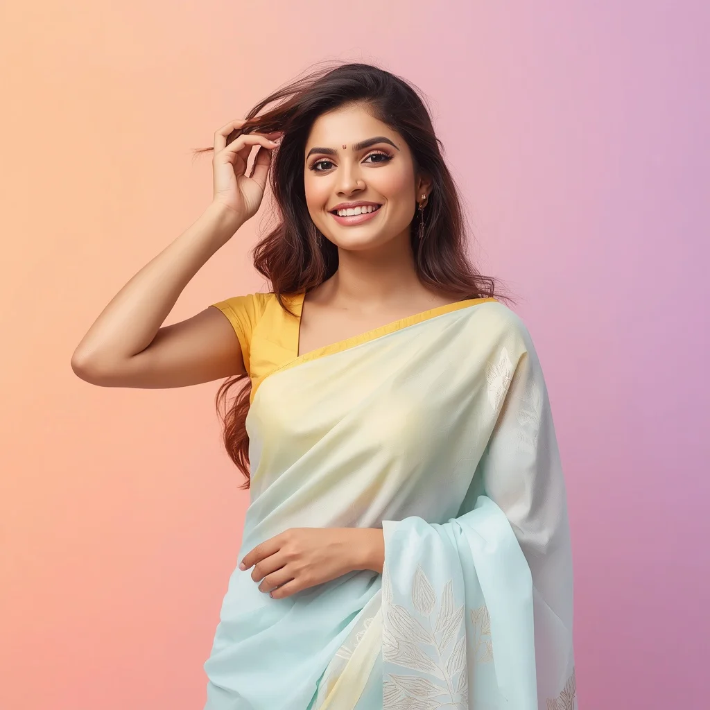 Charming Indian Woman Adjusting Hair with a Smile in Pastel Saree — AI image prompt