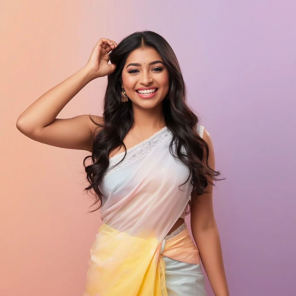 Charming Indian Woman Adjusting Hair with a Smile in Pastel Saree — AI image prompt