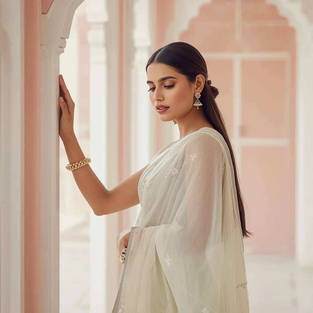 Contemplative Indian Woman by a Pastel Archway in a Traditional Saree — AI image prompt