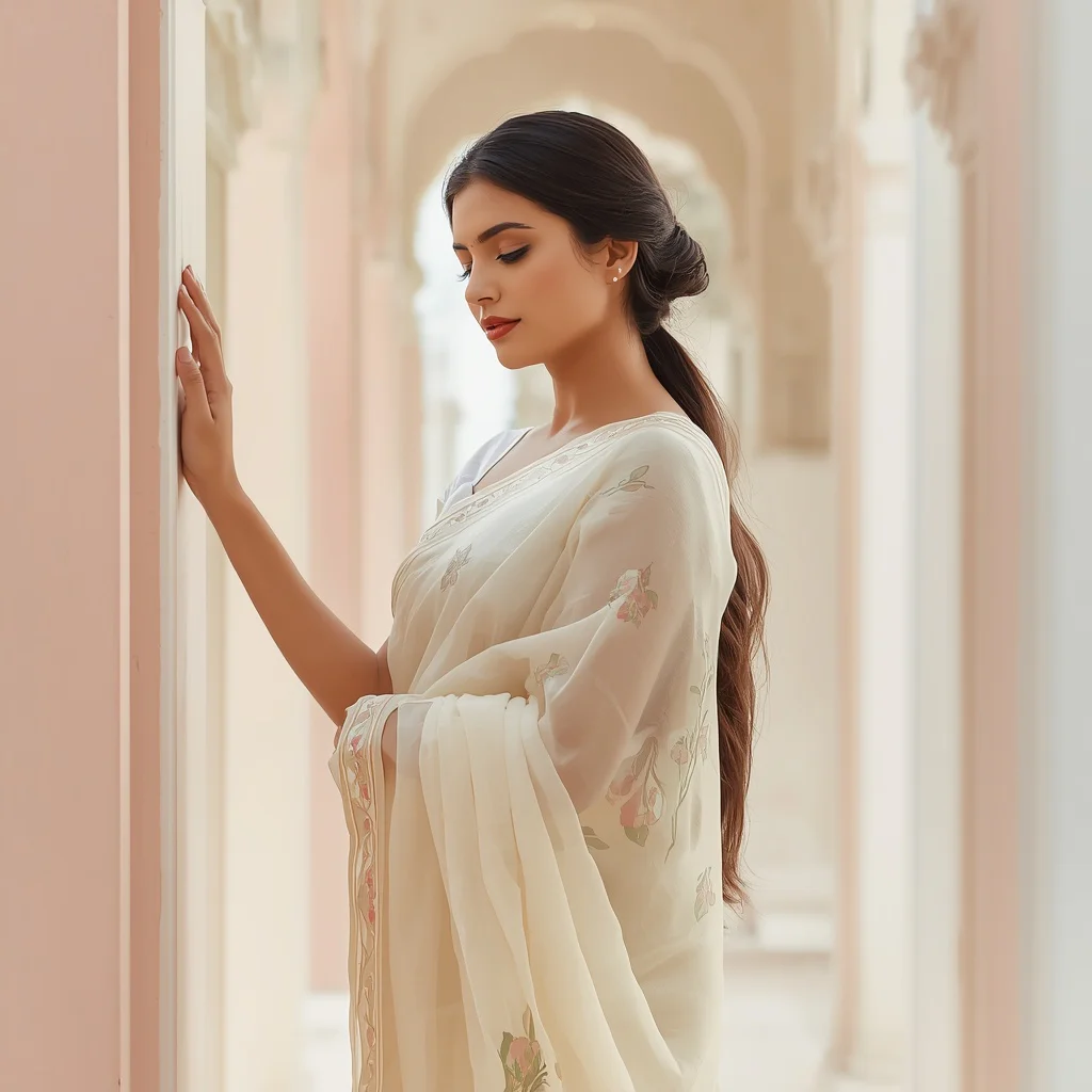 Contemplative Indian Woman by a Pastel Archway in a Traditional Saree — AI image prompt