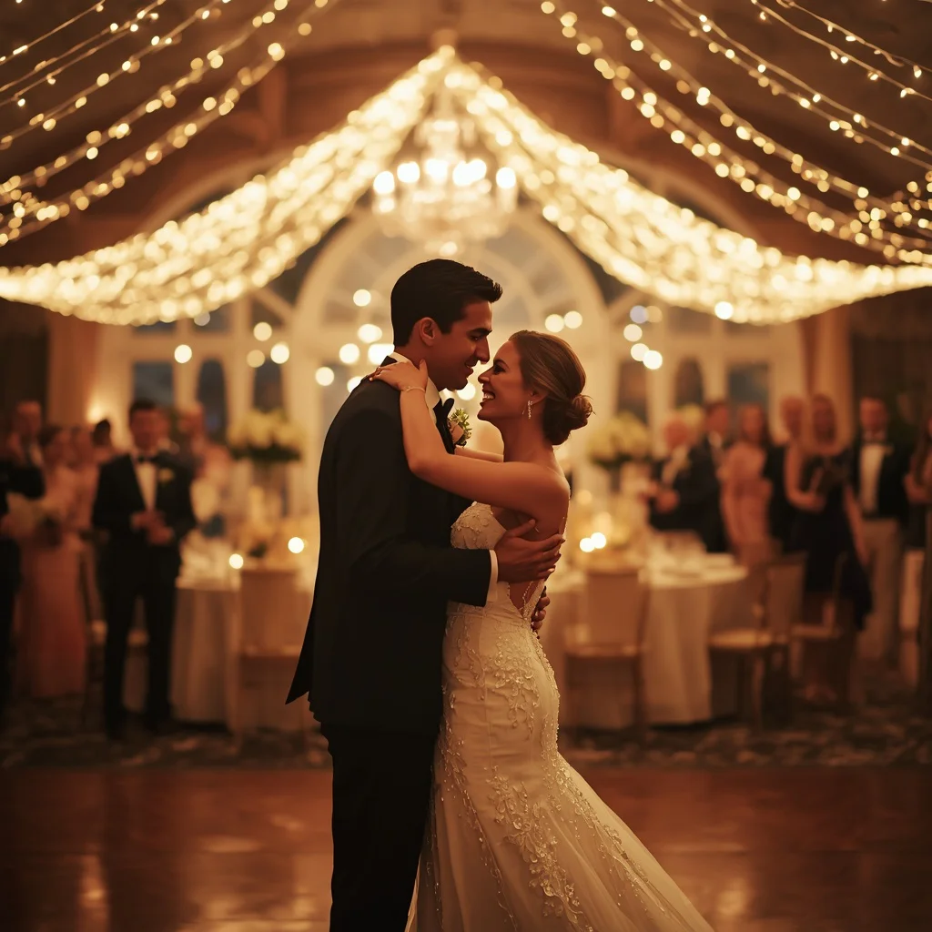 Couple Sharing a First Dance Under Sparking Lights — AI image prompt