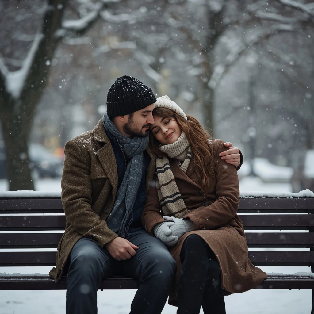 Couple Sharing a Quiet Moment on a Snowy Park Bench — AI image prompt