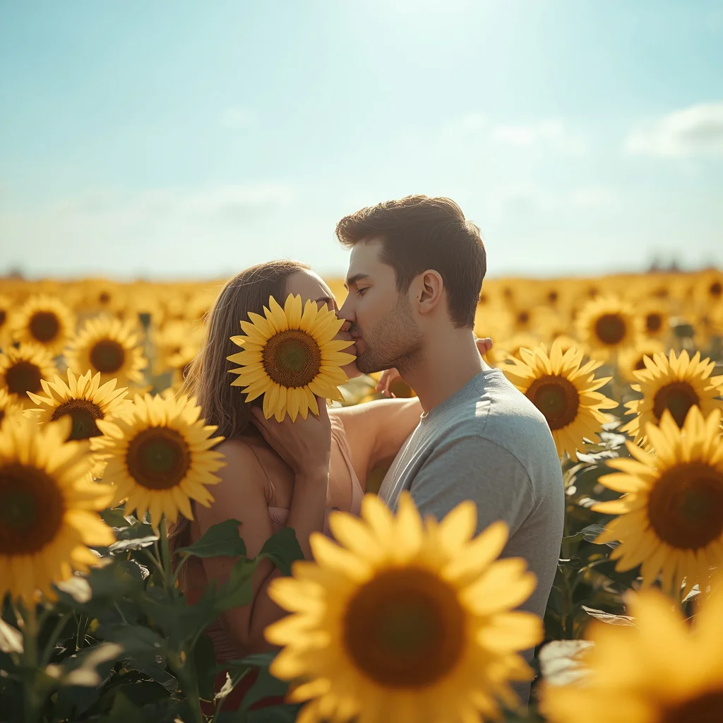 Couple Sharing a Romantic Kiss in a Field of Sunflowers — AI image prompt