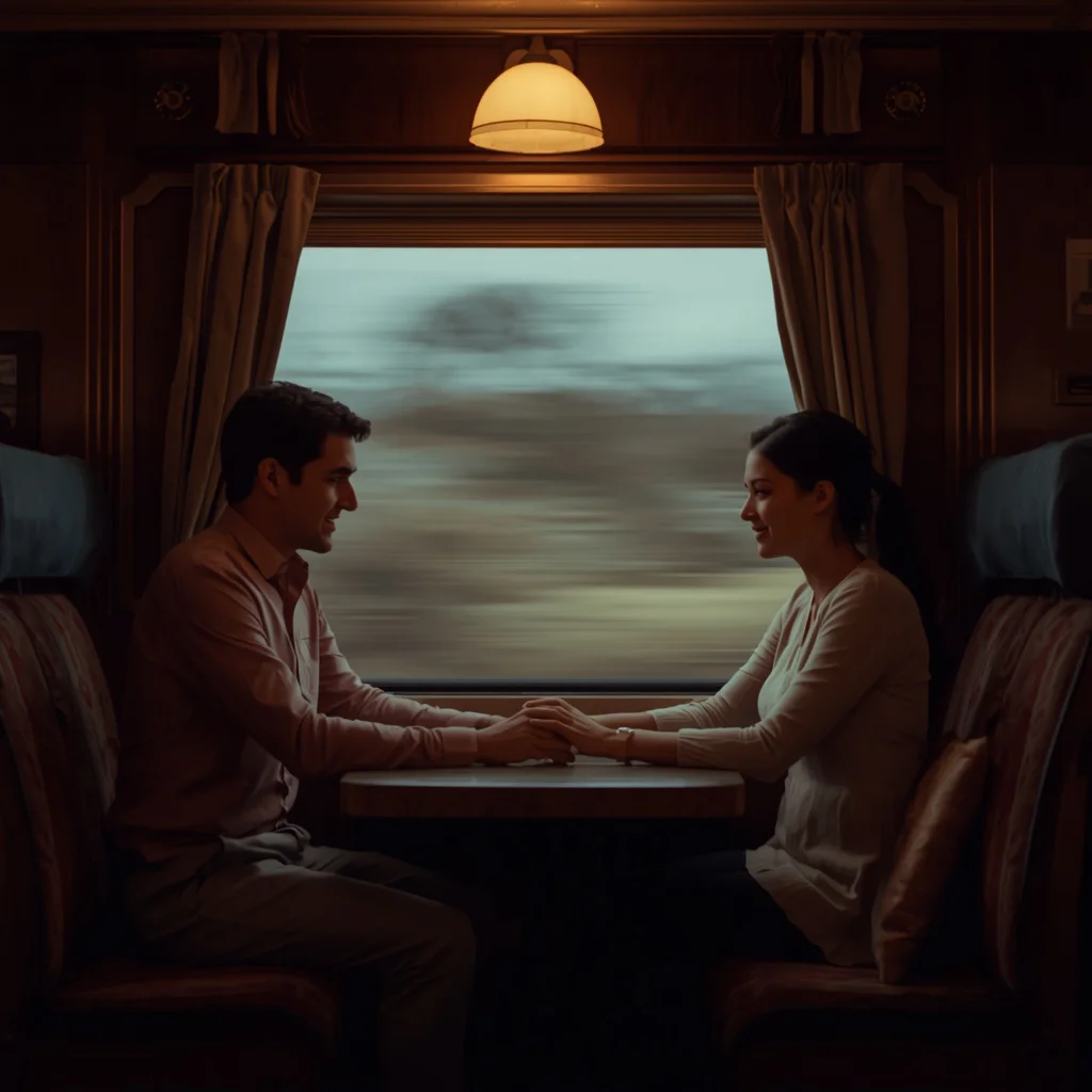 Couple Sharing a Tender Moment in a Vintage Train Compartment — AI image prompt