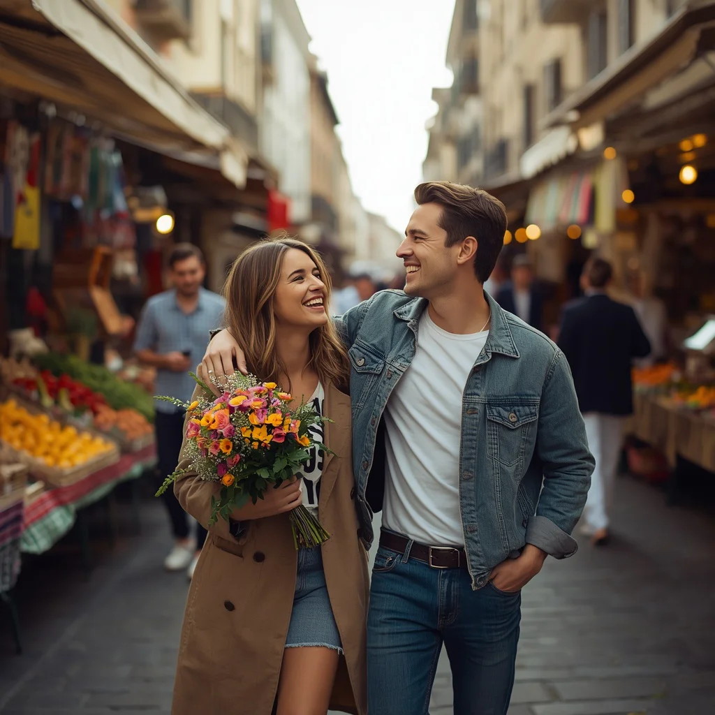 Couple's Candid Laughter in a Bustling European Street Market — AI image prompt