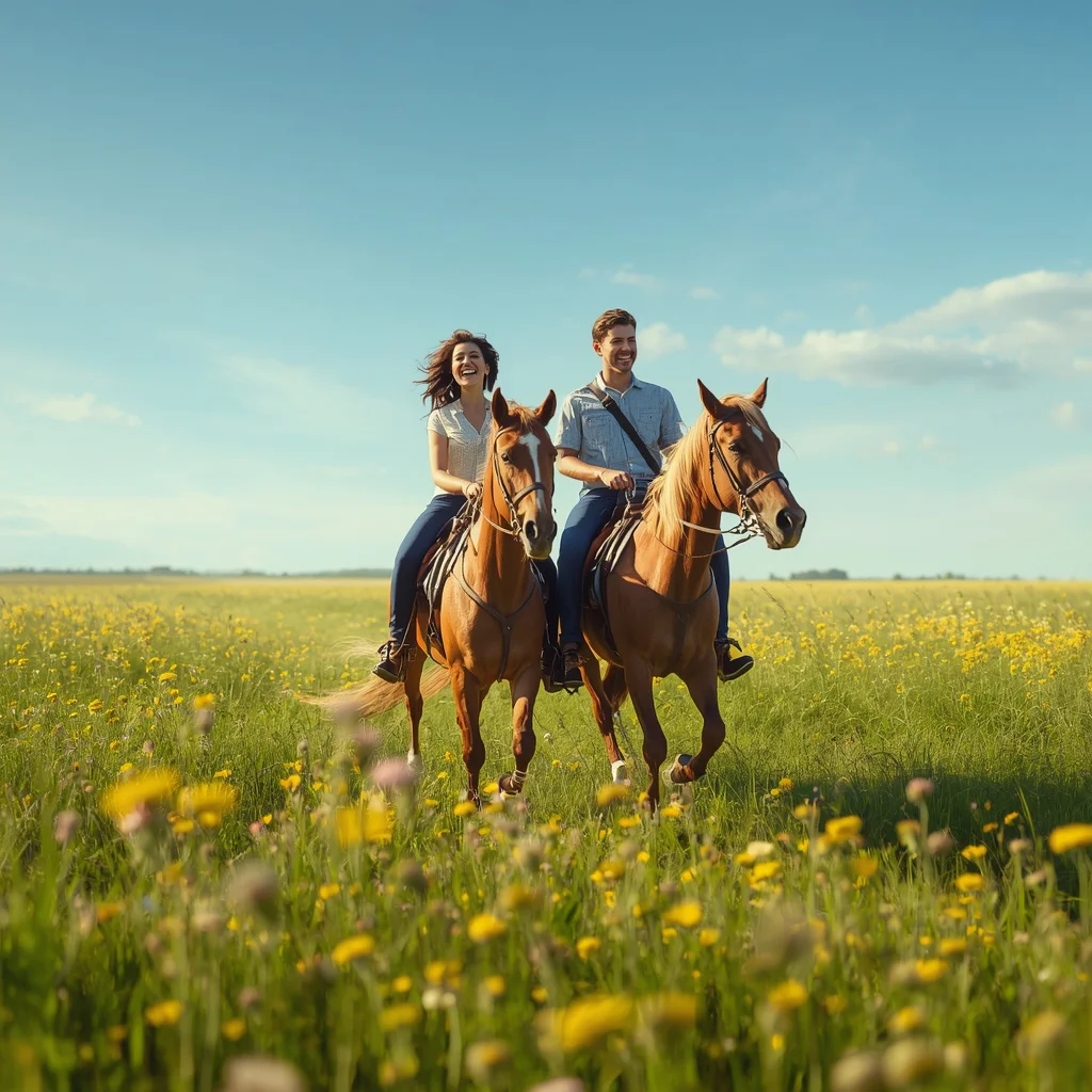 Couple's Joyful Horseback Ride Along a Wildflower Meadow — AI image prompt