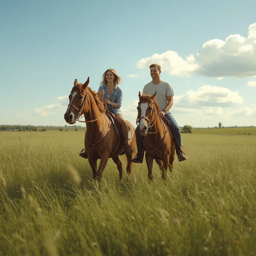 Couple's Joyful Horseback Ride Through a Summer Meadow — AI image prompt