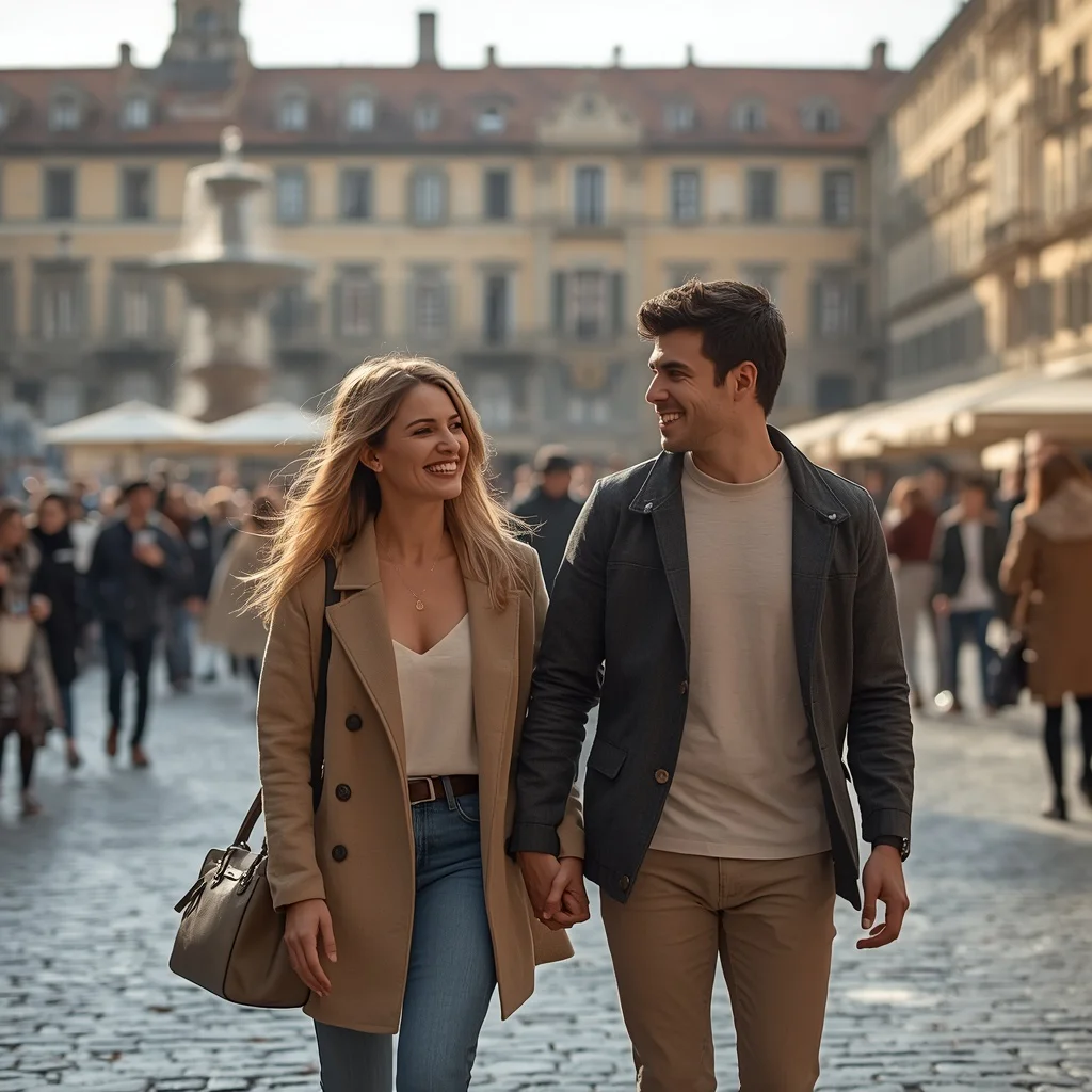 Couple's Joyful Stroll Through a Historic European City Square — AI image prompt