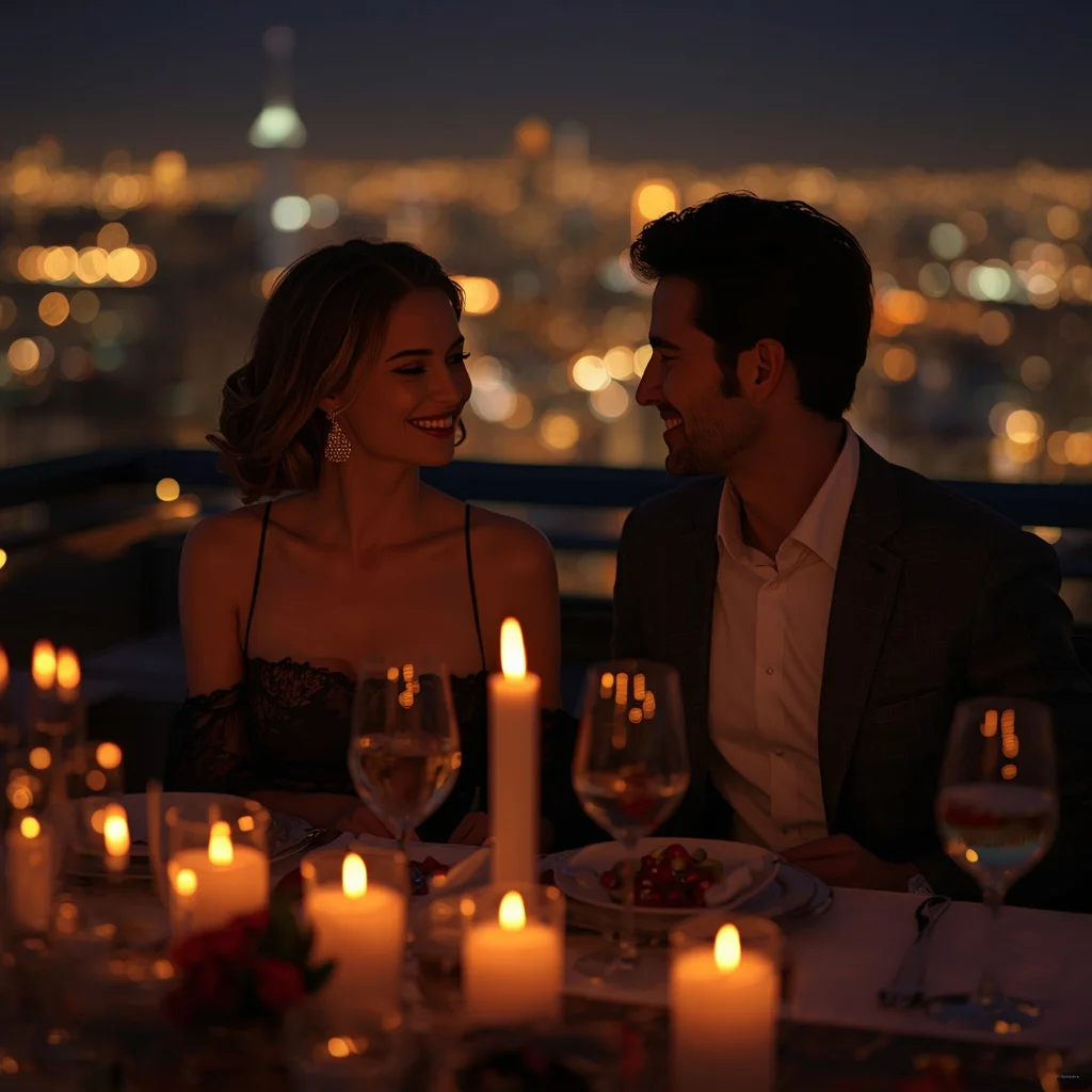 Couple's Romantic Candlelit Dinner on a Rooftop Terrace — AI image prompt