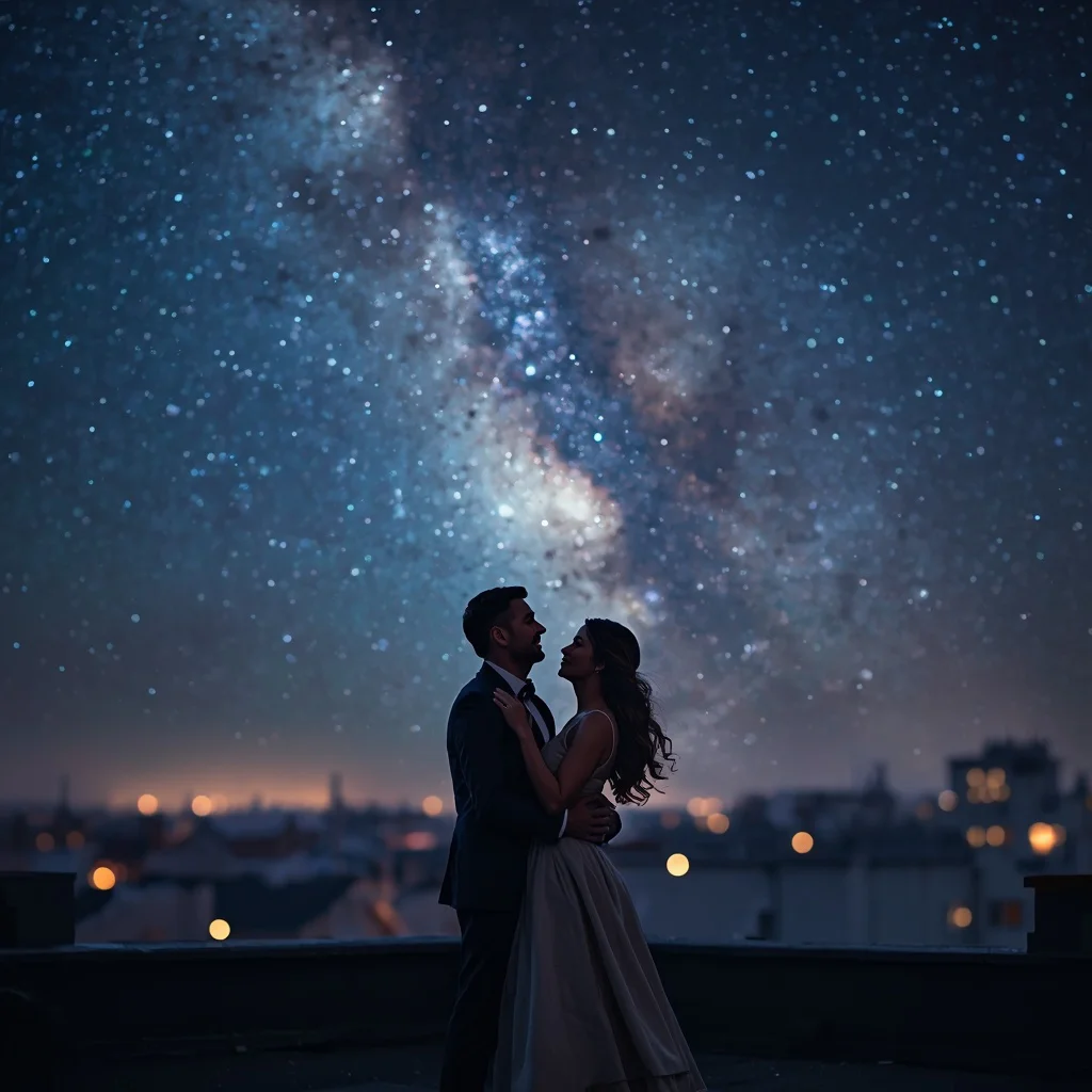 Couple's Romantic Dance on a Rooftop Under a Starry Night — AI image prompt