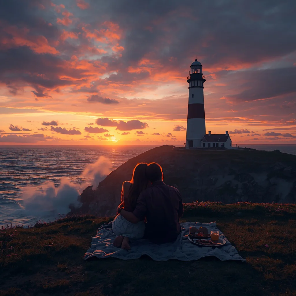 Couple's Romantic Picnic by a Majestic Lighthouse at Sunset — AI image prompt