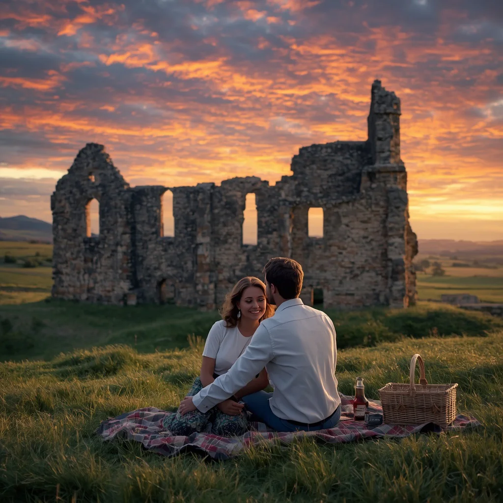 Couple's Romantic Picnic by an Old Castle Ruin at Sunset — AI image prompt