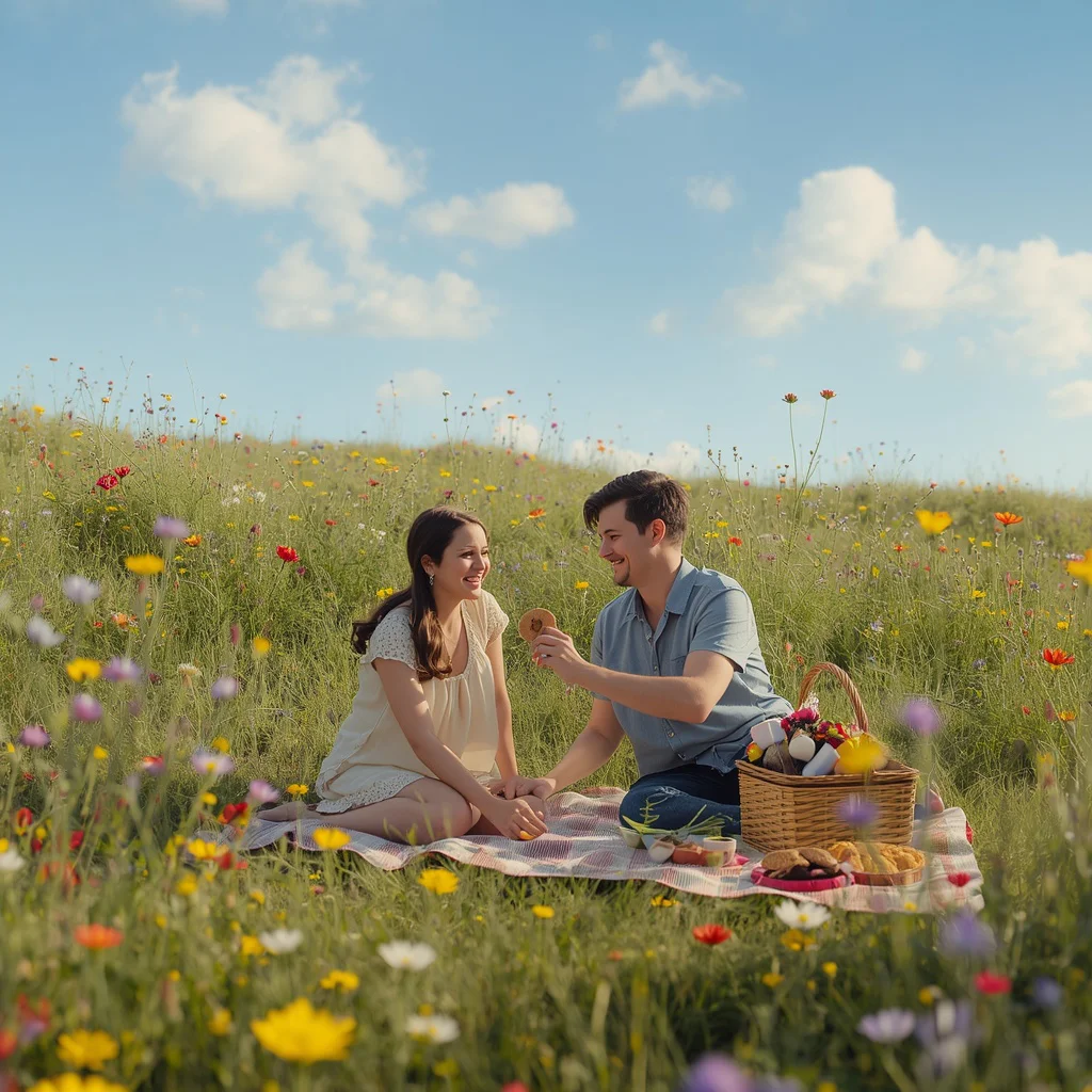 Couple's Romantic Picnic in a Vibrant Spring Meadow — AI image prompt