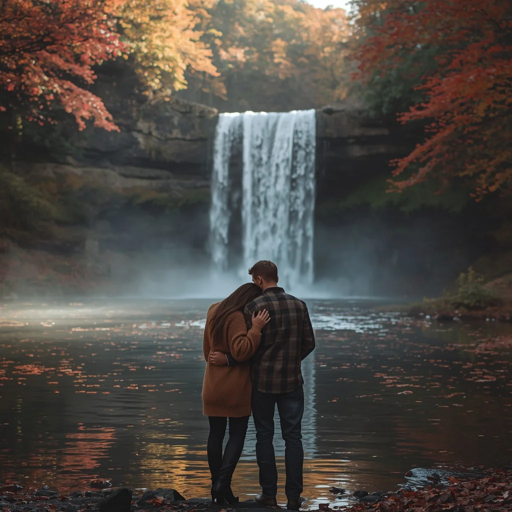 Couple's Serene Moment by a Tranquil Waterfall in Autumn — AI image prompt