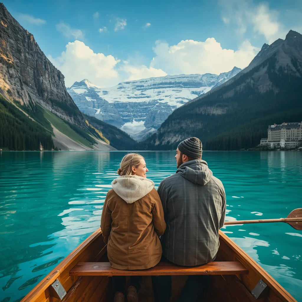 Couple's Serene Moment on a Rowing Boat at Lake Louise — AI image prompt