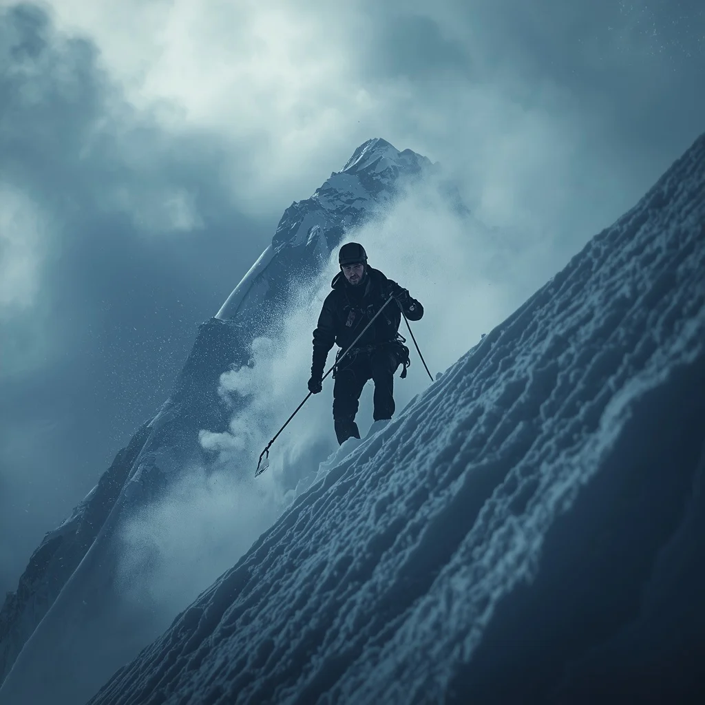Determined Mountain Climber Conquering a Snowy Peak — AI image prompt