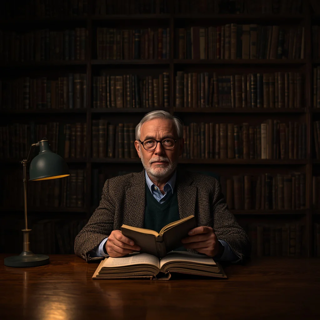 Distinguished Scholar in a Library Filled with Ancient Texts — AI image prompt