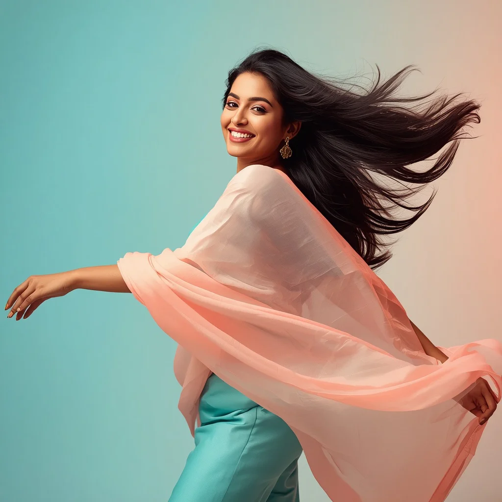 Dynamic Indian Woman Sweeping Hair Back in a Flowing Pastel Saree — AI image prompt