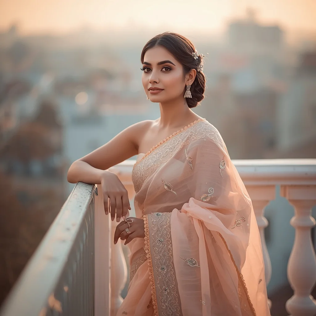 Elegantly Leaning Indian Woman on a Pastel Balcony with Intricate Saree — AI image prompt