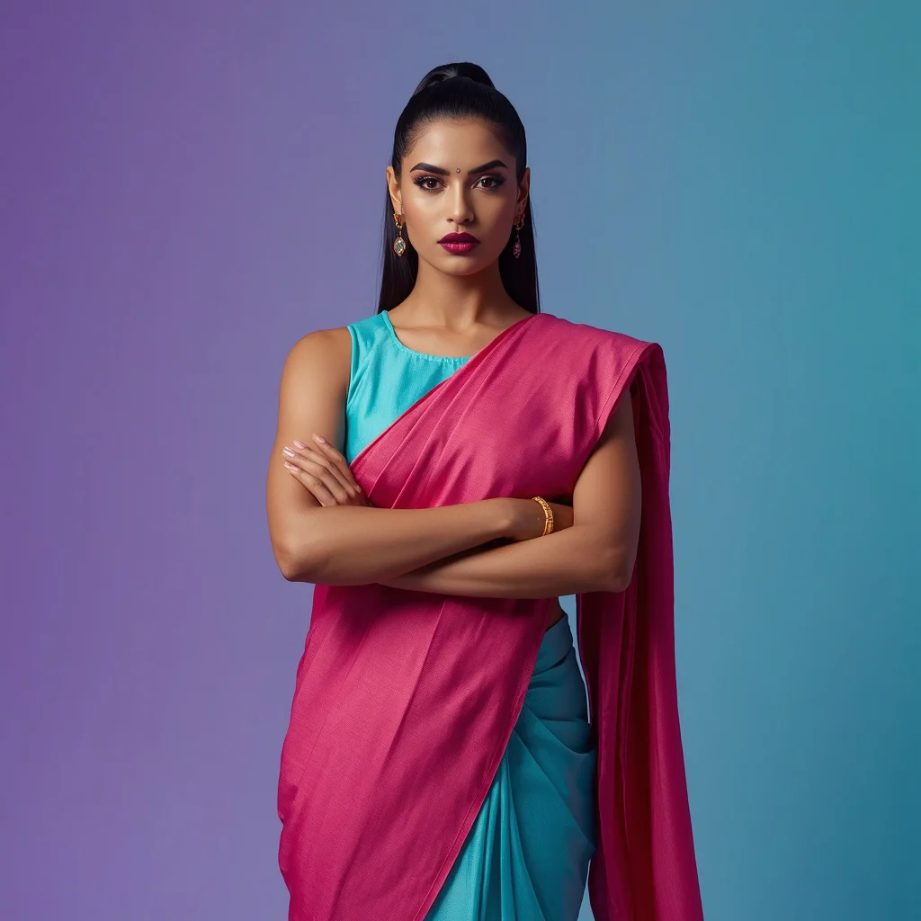 Empowered Indian Woman with Hands Crossed in a Bold Pastel Saree — AI image prompt
